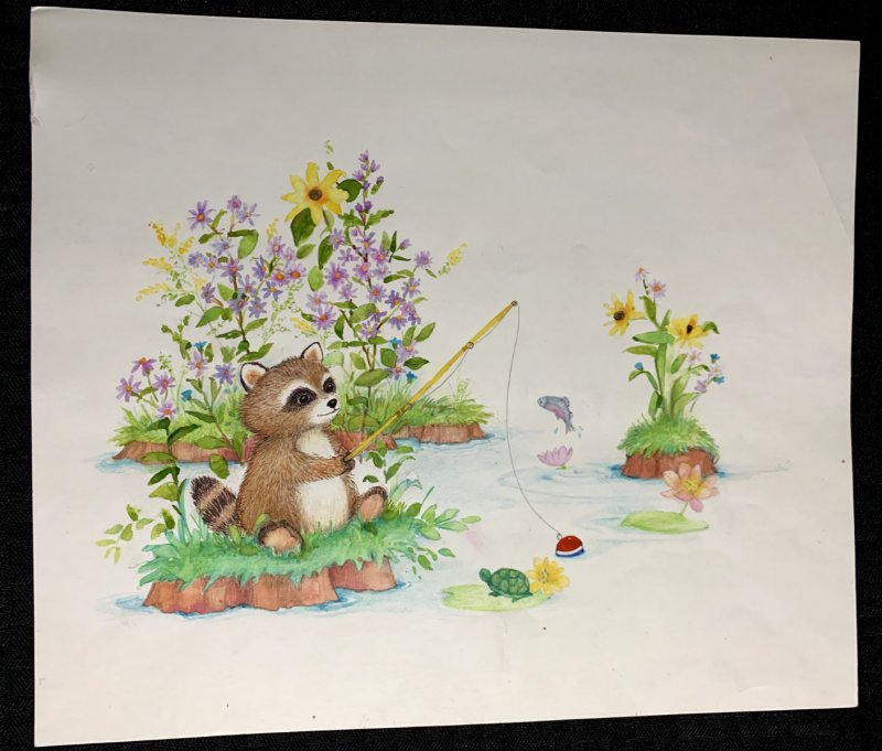 Calendar 13x11" Original Art FN 6.0 Cute Racoon Fishing w/ Turtle Fish & Flowers, raw comic book in FN 6.0 condition — front cover
