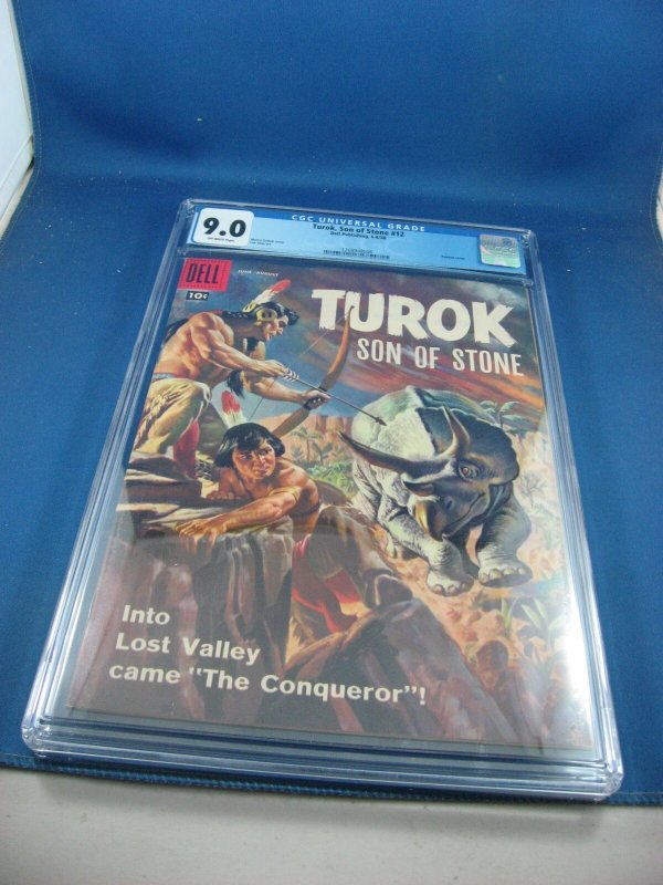 Turok Son of Stone #12 (1958), CGC 9.0 graded comic book, Universal Blue label — front cover in its holder