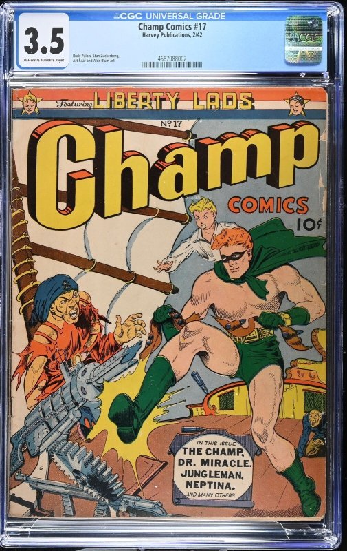 Champ Comics #17 (Harvey Comics, 1942), CGC 3.5 graded comic book, Universal Blue label — front cover in its holder
