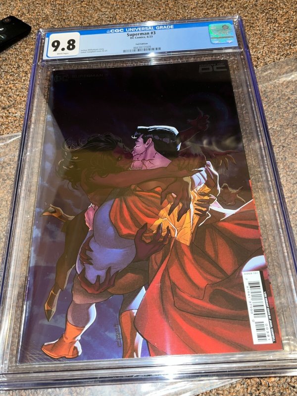Superman #3 (DC Comics, 2023), CGC 9.8 graded comic book, Universal Blue label — front cover in its holder