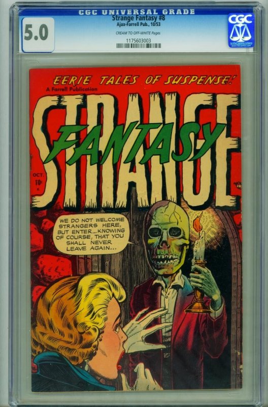 Strange Fantasy #8 (1953), CGC 5.0 graded comic book, Universal Blue label — front cover in its holder