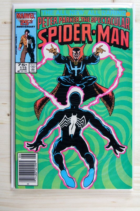 Peter Parker, the Spectacular Spider-Man #115 (Marvel Comics, 1986), raw comic book in VF/NM 9.0 condition — front cover