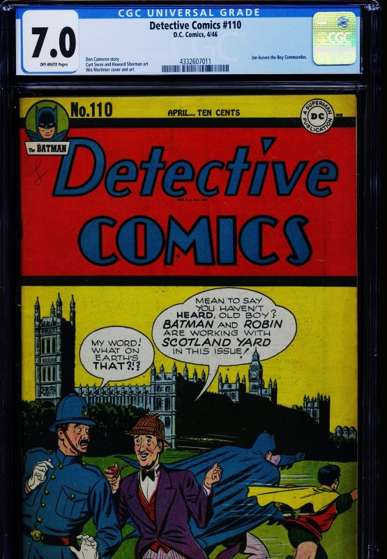 Detective Comics #110 (DC Comics), CGC 7.0 graded comic book, Universal Blue label — front cover in its holder
