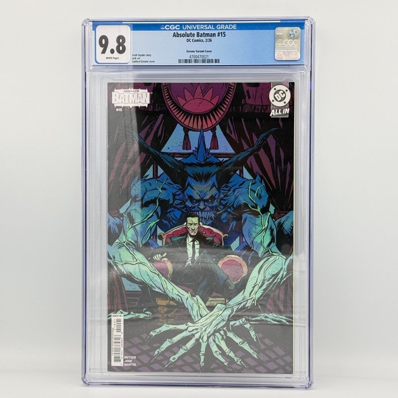 Absolute Batman #15 (DC Comics, 2026), CGC 9.8 graded comic book, Universal Blue label — front cover in its holder