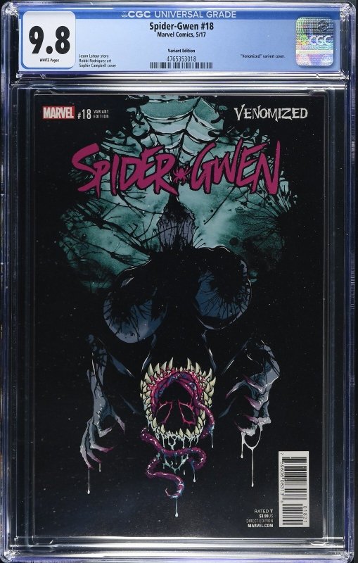 Spider-Gwen #18 (Marvel Comics, 2017), CGC 9.8 graded comic book, Universal Blue label — front cover in its holder