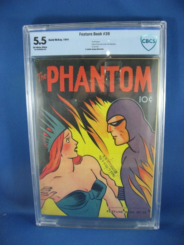 Feature Book 39 CBCS 5.5 the Phantom 1944 Scarce (1944), CBCS 5.5 graded comic book, Universal Blue label — front cover in its holder