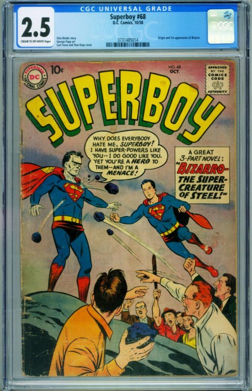 Superboy #68 (DC Comics), CGC 2.5 graded comic book, Universal Blue label — front cover in its holder
