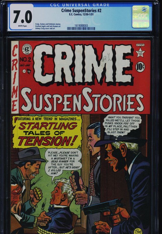 Crime Suspenstories #2 (EC Comics), CGC 7.0 graded comic book, Universal Blue label — front cover in its holder