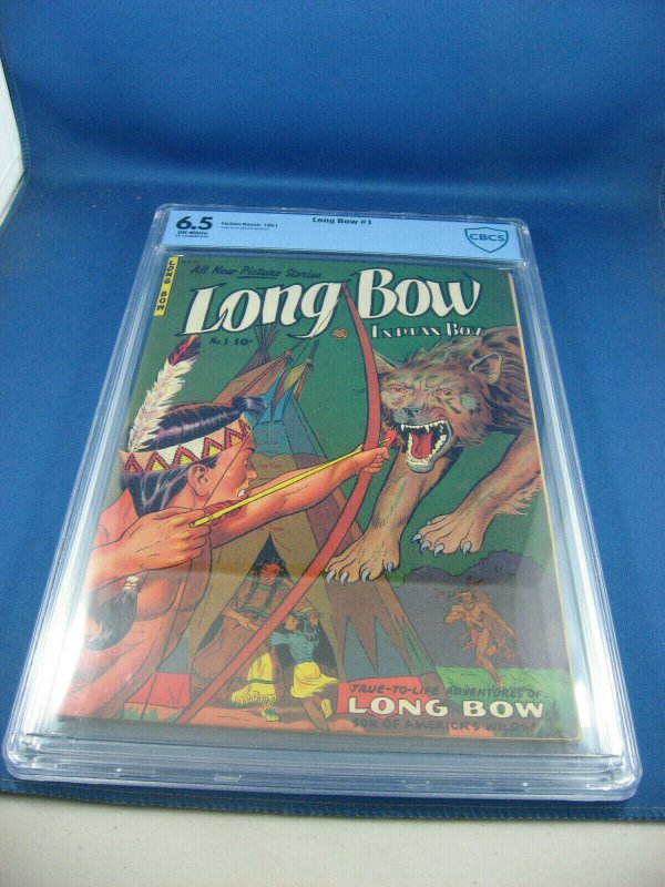 Long Bow #1 (Fiction House, 1951), CBCS 6.5 graded comic book, Universal Blue label — front cover in its holder