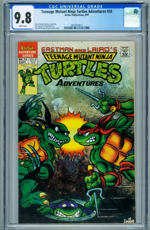 Teenage Mutant Ninja Turtles Adventures #24 (Archie Comics, 1991), CGC 9.8 graded comic book, Universal Blue label — front cover in its holder