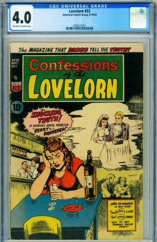 Lovelorn #53 (1954), CGC 4.0 graded comic book, Universal Blue label — front cover in its holder