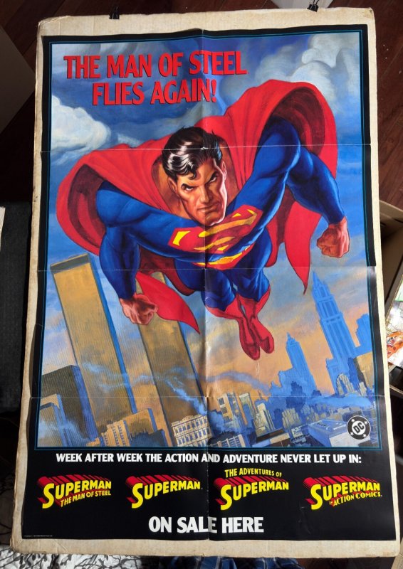1991 Superman MAN OF Steel Flies Again 26x38" Promo Poster VG+ 4.5 DC Comics (DC Comics, 1991), raw comic book in VG+ 4.5 condition — front cover