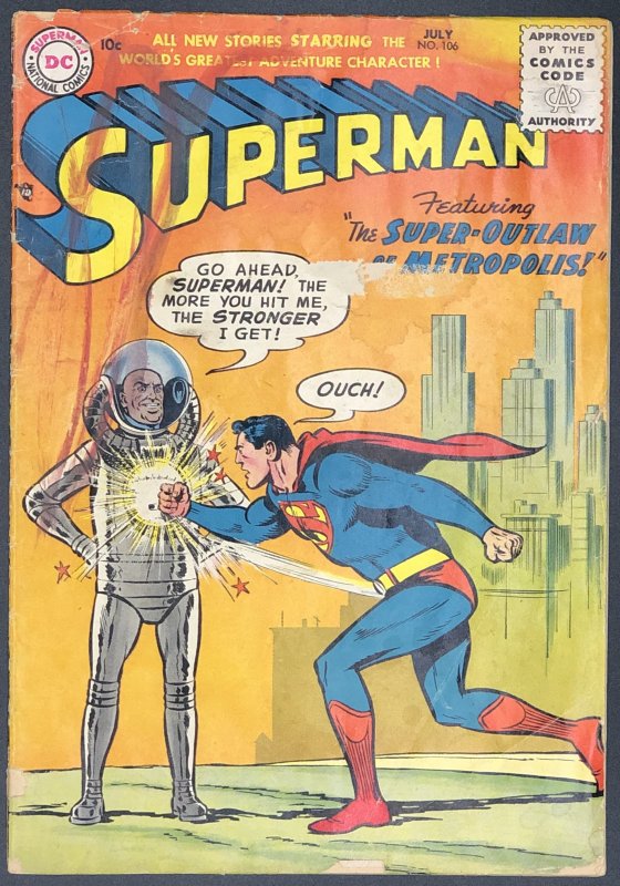 Superman #106 (DC Comics, 1956), raw comic book in GD- condition — front cover