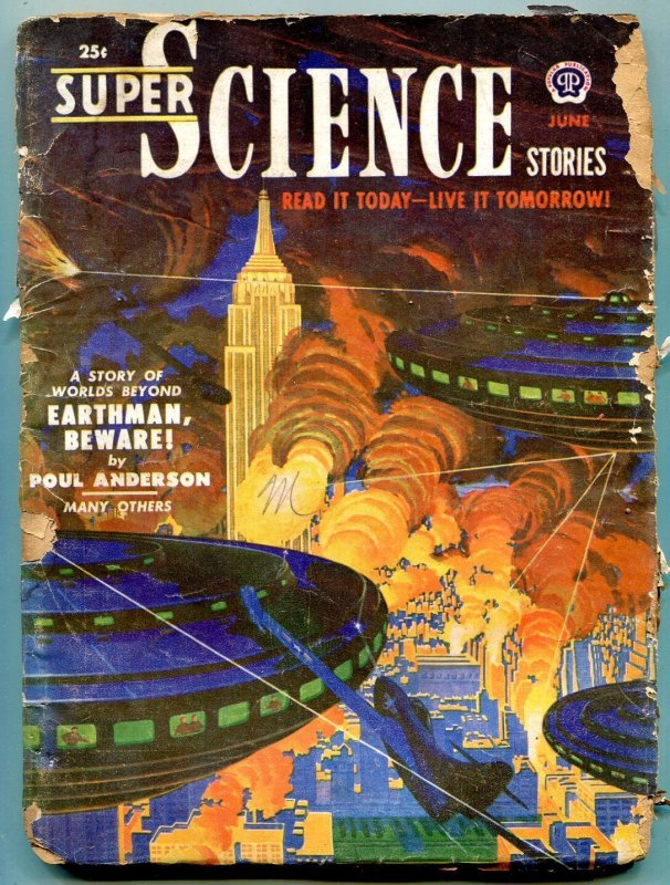 Pulp: Super Science Stories Pulp June 1951- Flying Saucer Empire State Build... (1951), raw, ungraded comic book — front cover