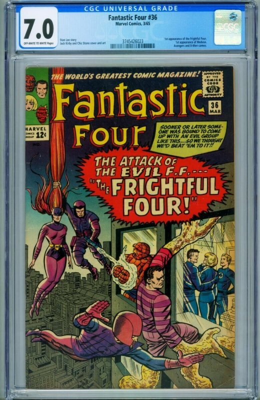 Fantastic Four #36 (Marvel Comics, 1965), CGC 7.0 graded comic book, Universal Blue label — front cover in its holder
