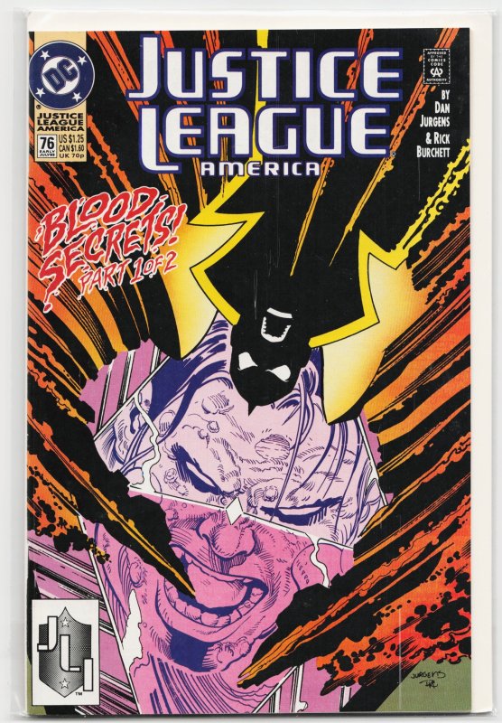 Justice League America #76 (DC Comics, 1993), raw, ungraded comic book — front cover