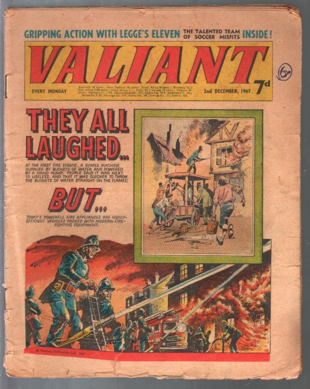Valiant 12/2/1967-Fleetway-tabloid-firefighters-Steel Claw-Mytek-U.K.-G, raw, ungraded comic book — front cover