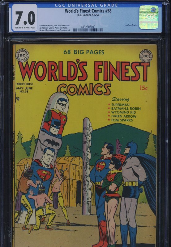World's Finest Comics #58 (DC Comics), CGC 7.0 graded comic book, Universal Blue label — front cover in its holder