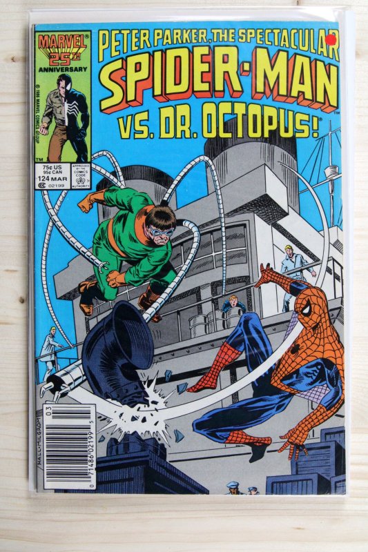 Peter Parker, the Spectacular Spider-Man #124 (Marvel Comics, 1987), raw comic book in FN+ 6.5 condition — front cover