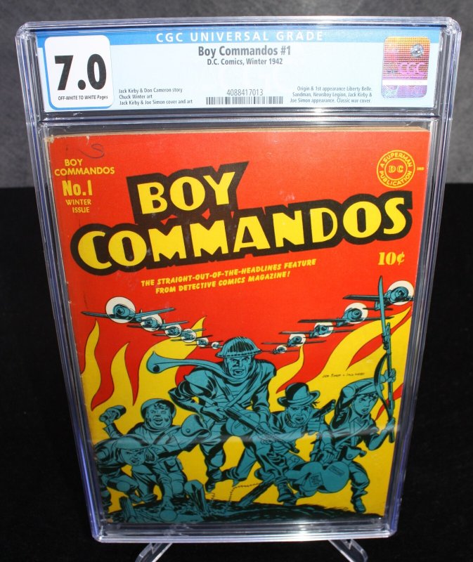 Boy Commandos #1 (1942), CGC 7.0 graded comic book, Universal Blue label — front cover in its holder