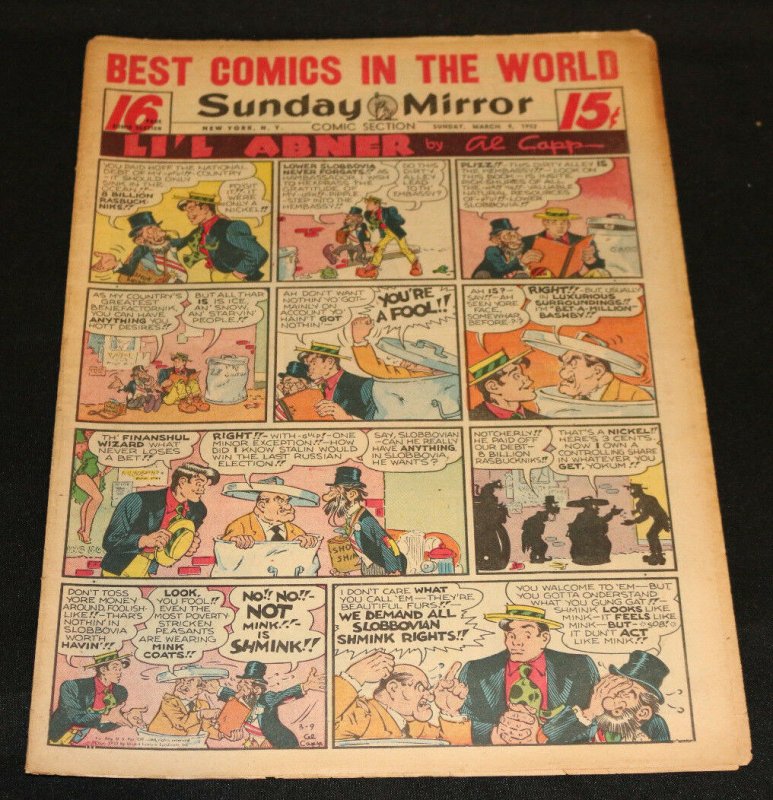 1952 Sunday Mirror Weekly Comic Section March 9th (FN+) Superman and Monkey (1952), raw comic book in FN+ condition — front cover