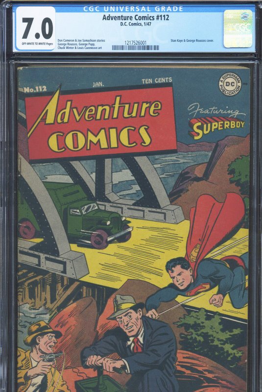 Adventure Comics #112 (DC Comics), CGC 7.0 graded comic book, Universal Blue label — front cover in its holder