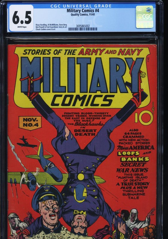 Military Comics #4 (Quality Comics), CGC 6.5 graded comic book, Universal Blue label — front cover in its holder