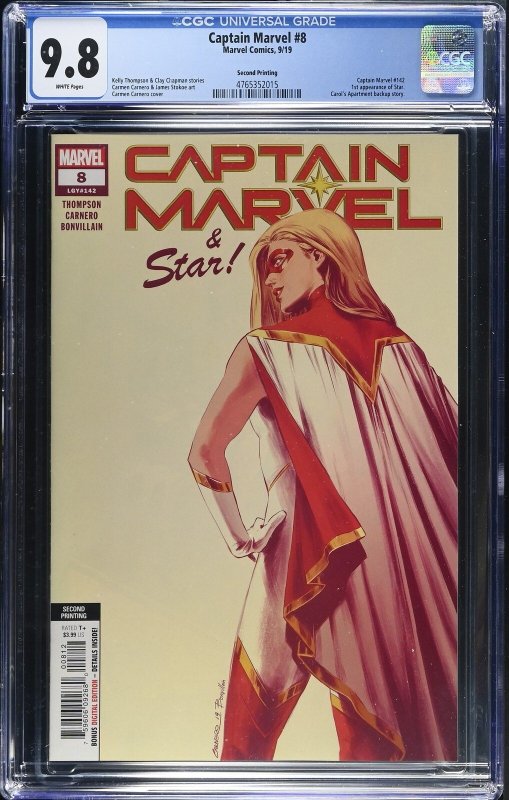 Captain Marvel #8 (Marvel Comics, 2019), CGC 9.8 graded comic book, Universal Blue label — front cover in its holder