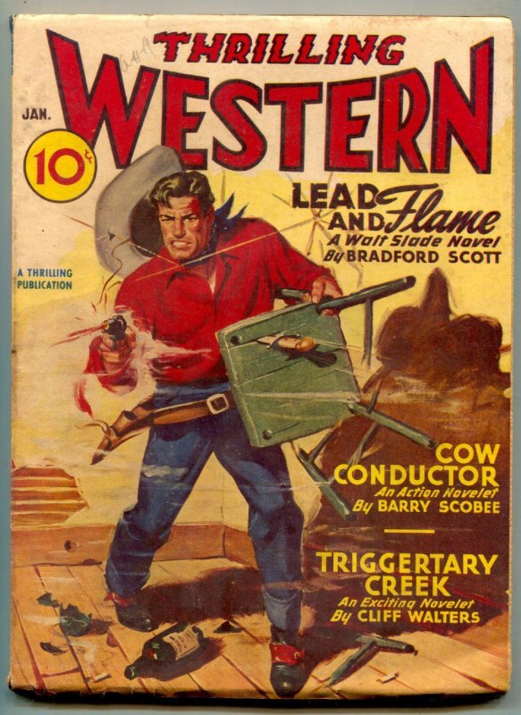 Pulp: Thrilling Western Pulp January 1947- Lead and Flame Walt Slade FN (1947), raw comic book in FN condition — front cover