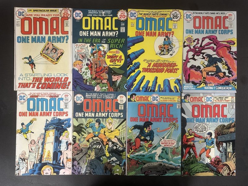 Omac (1974) #1-8 Complete VF- Set Jack Kirby DC (DC Comics, 1974), raw comic book in VF- condition — front cover