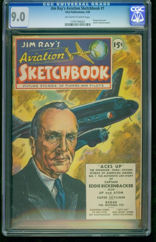 Jim Ray's Aviation Sketchbook #1 (1946), CGC 9.0 graded comic book, Universal Blue label — front cover in its holder