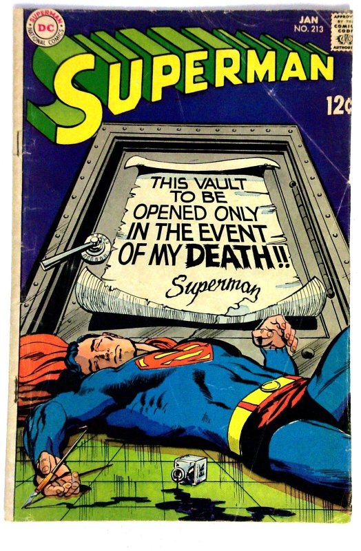 Superman #213 (DC Comics, 1969), raw comic book in VG condition — front cover