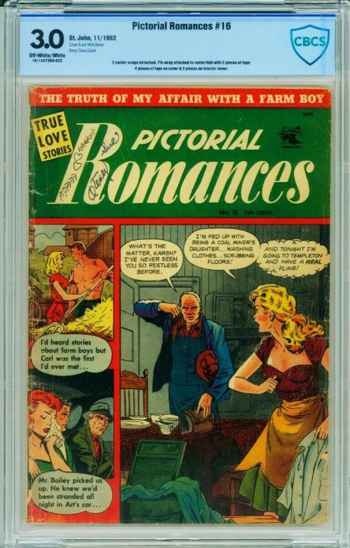 Pictorial Romances #16 (St. John Publications), CBCS 3.0 graded comic book, Universal Blue label — front cover in its holder
