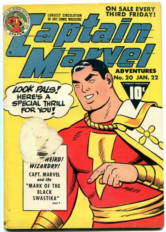 Captain Marvel Adventures #20 (Fawcett Publications, 1943), raw comic book in FN- condition — front cover