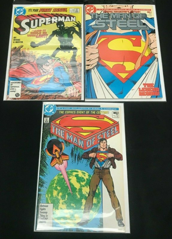 Superman #1's 3pc Lot (VF) Man of Steel!! 1986-87 (DC Comics, 1986), raw comic book in VF condition — front cover