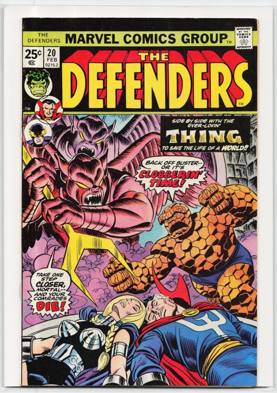 The Defenders #20 (Marvel Comics, 1975), raw, ungraded comic book — front cover