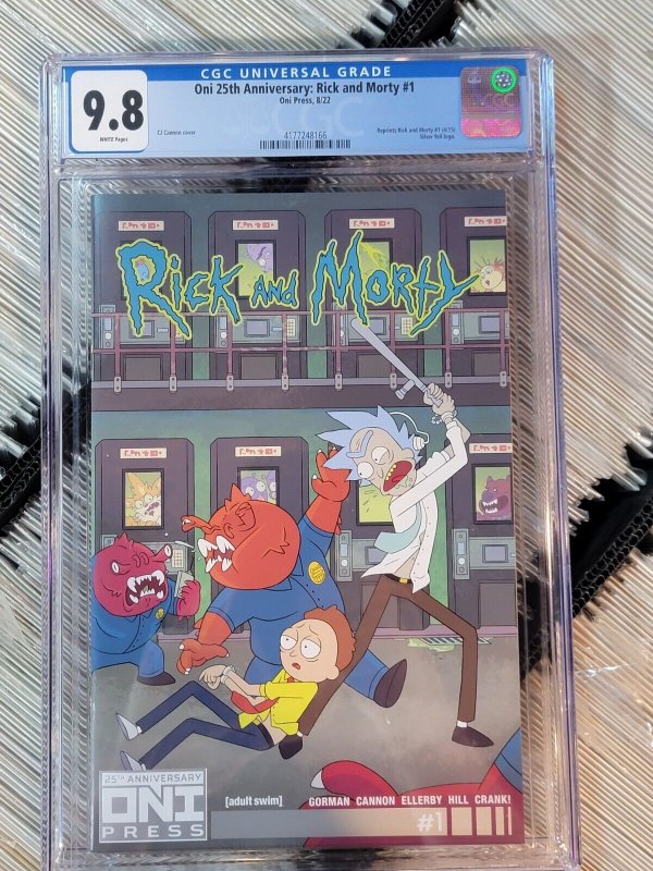 Rick and Morty #1 (2022), CGC 9.8 graded comic book, Universal Blue label — front cover in its holder