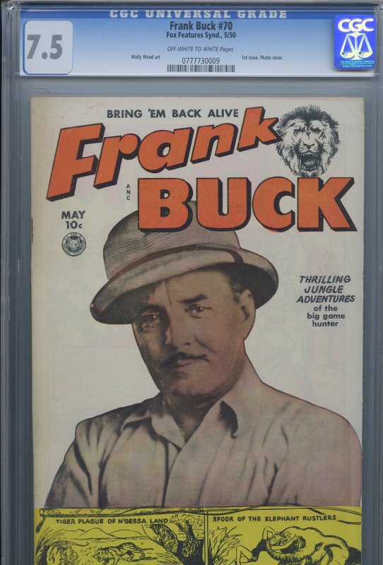 Frank Buck #70, CGC 7.5 graded comic book, Universal Blue label — front cover in its holder