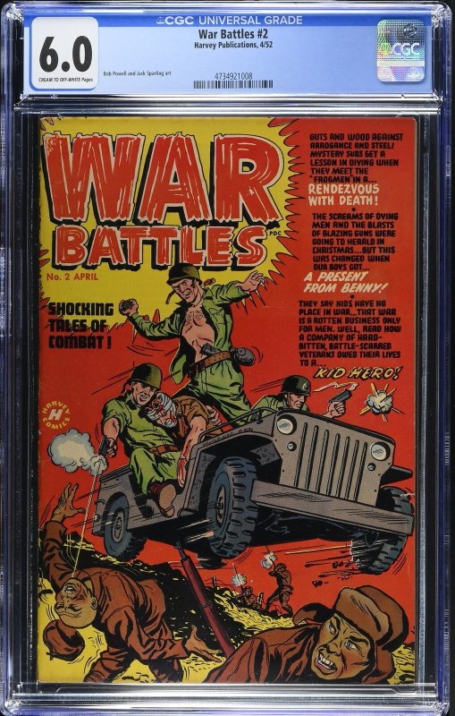 War Battles #2 (Harvey Comics, 1952), CGC 6.0 graded comic book, Universal Blue label — front cover in its holder