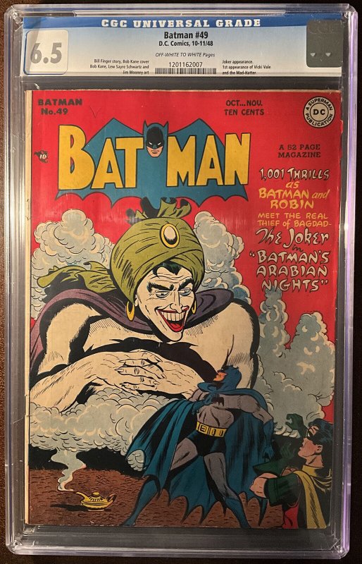 Batman #49 (DC Comics), CGC 6.5 graded comic book, Universal Blue label — front cover in its holder