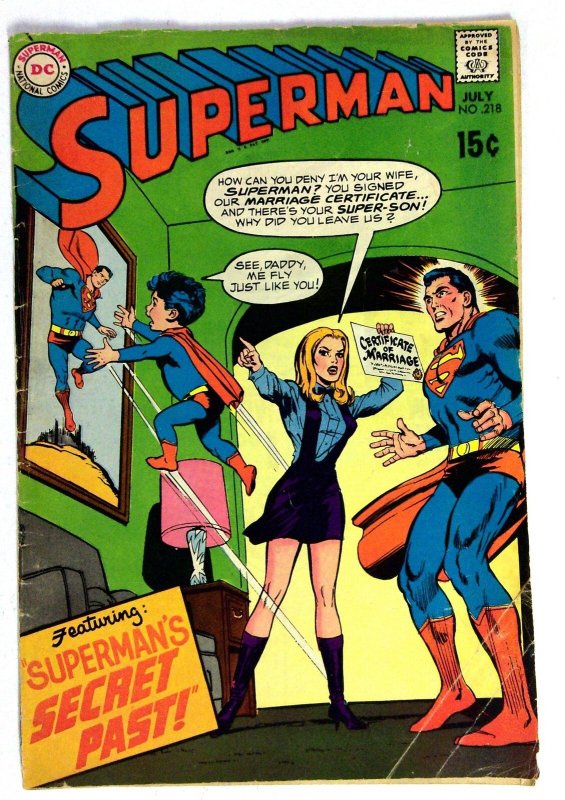 Superman #218 (DC Comics, 1969), raw comic book in VG- condition — front cover