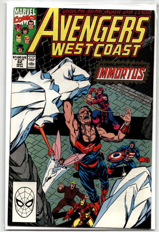 Avengers West Coast #62 (Marvel Comics, 1990), raw, ungraded comic book — front cover