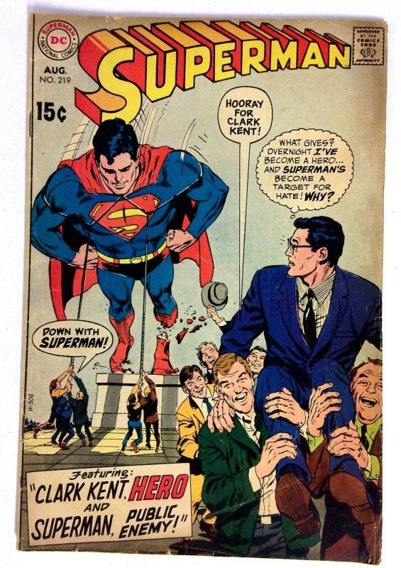 Superman #219 (DC Comics, 1969), raw comic book in VG- condition — front cover