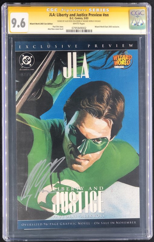 JLA: Liberty and Justice Preview Ross CGC 9.6 Signature Series Wizard World 2003 (DC Comics, 2003), CGC 9.6 graded comic book, Signature Series label — front cover in its holder