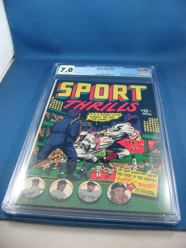 Sport Thrills #15 (1951), CGC 7.0 graded comic book, Universal Blue label — front cover in its holder