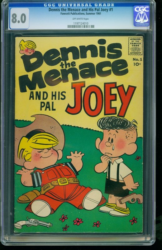 Dennis the Menace and His Pal Joey #1 (Fawcett Publications, 1961), CGC 8.0 graded comic book, Universal Blue label — front cover in its holder