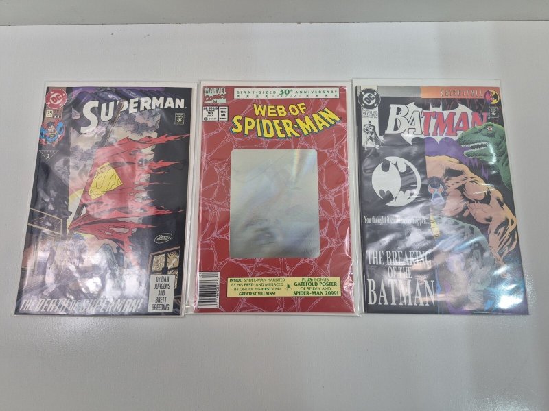 Superman #75, Batman #497, Web of Spider-Man #90 Newsstand (DC Comics, 1993), raw, ungraded comic book — front cover