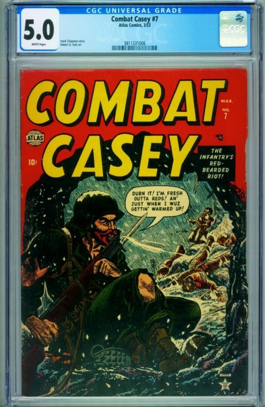 Combat Casey #7 (1953), CGC 5.0 graded comic book, Universal Blue label — front cover in its holder