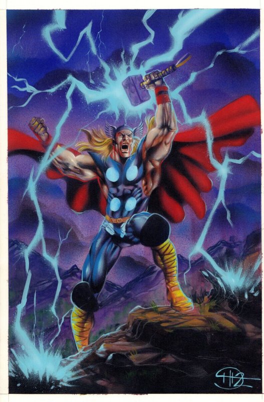 Thor with Mjolnir Calling Lightning Painted Art - Signed art by Don Hillsman II, raw, ungraded comic book — front cover