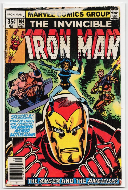 Iron Man #104 (Marvel Comics, 1977), raw, ungraded comic book — front cover